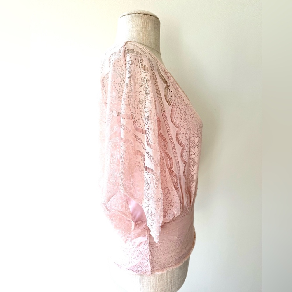 Elle Pink Lace V-Neck Dolman Sleeve Romantic Coquette Boho Balletcore Blouse - Picture 8 of 11